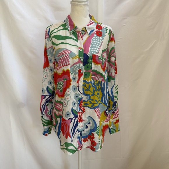 Boden Tops - Boden Linen Long Sleeve Floral Bird Button Up Blouse Women 10R Boho Resort